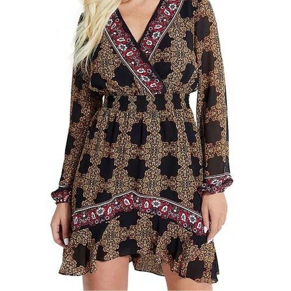 Guess Boho V-Neck Long Sleeve Dress in Black, Brown and Pink